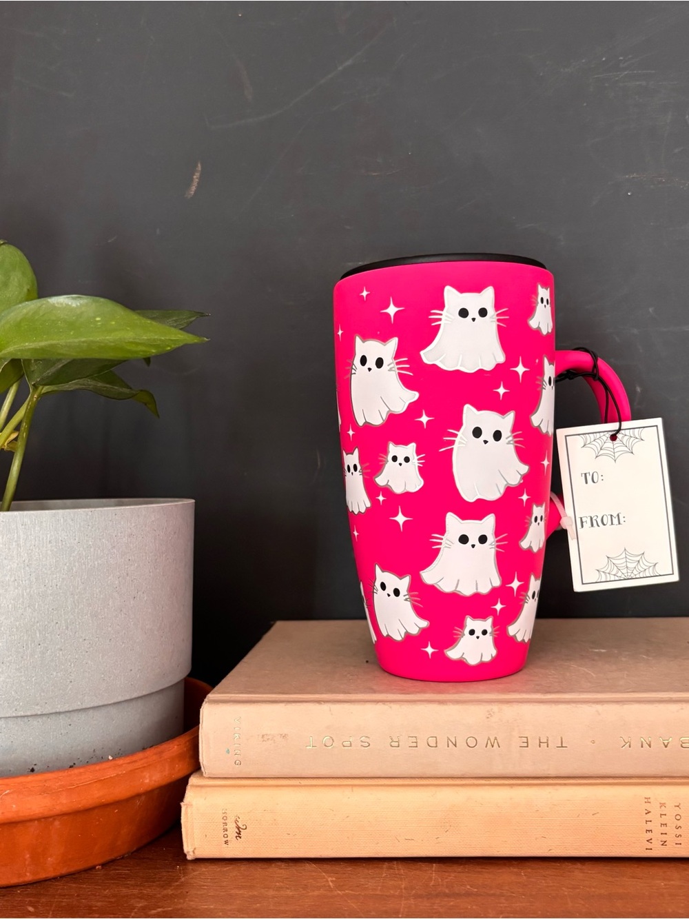 Cobwebs & Cauldrons Pink Ghost Kitty Travel Mug 16oz NEW
